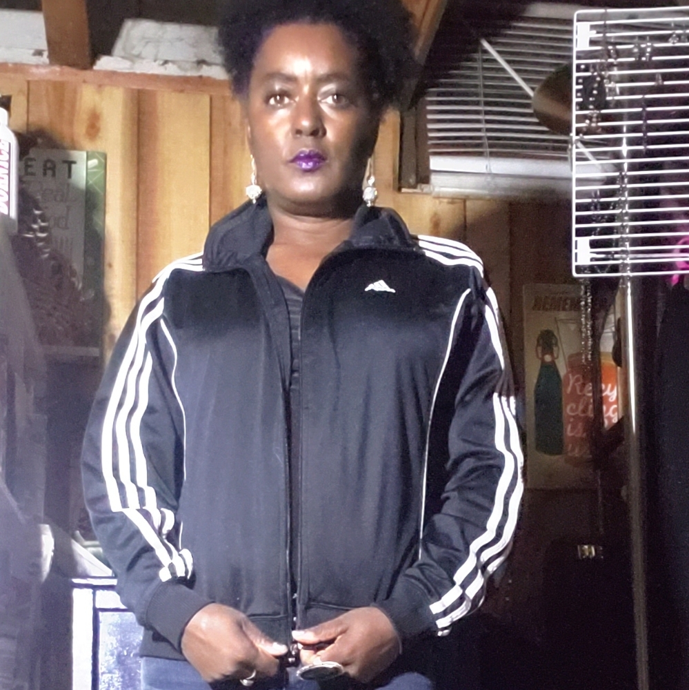 Black Adidas jacket with white stripes size small